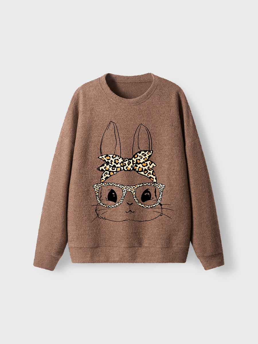 Vintage Bunny With Leopard Glasses Fuzzy Sweater