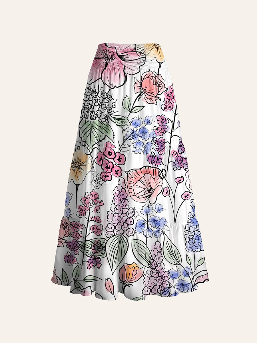 Watercolor And Ink Sketch Floral Convertible Maxi Skirts