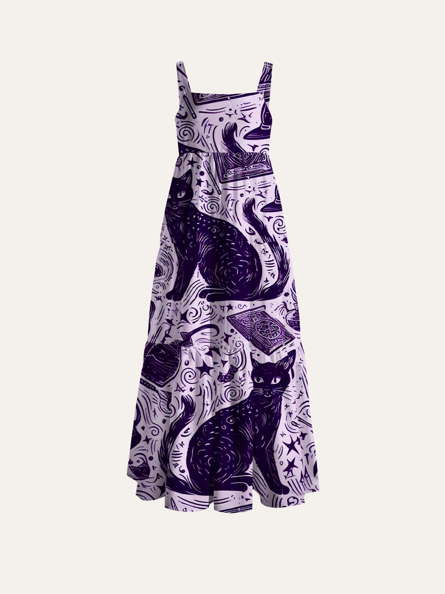 Mystical Black Witch Cat Doodle Adjustable Wide Straps Maxi Dress