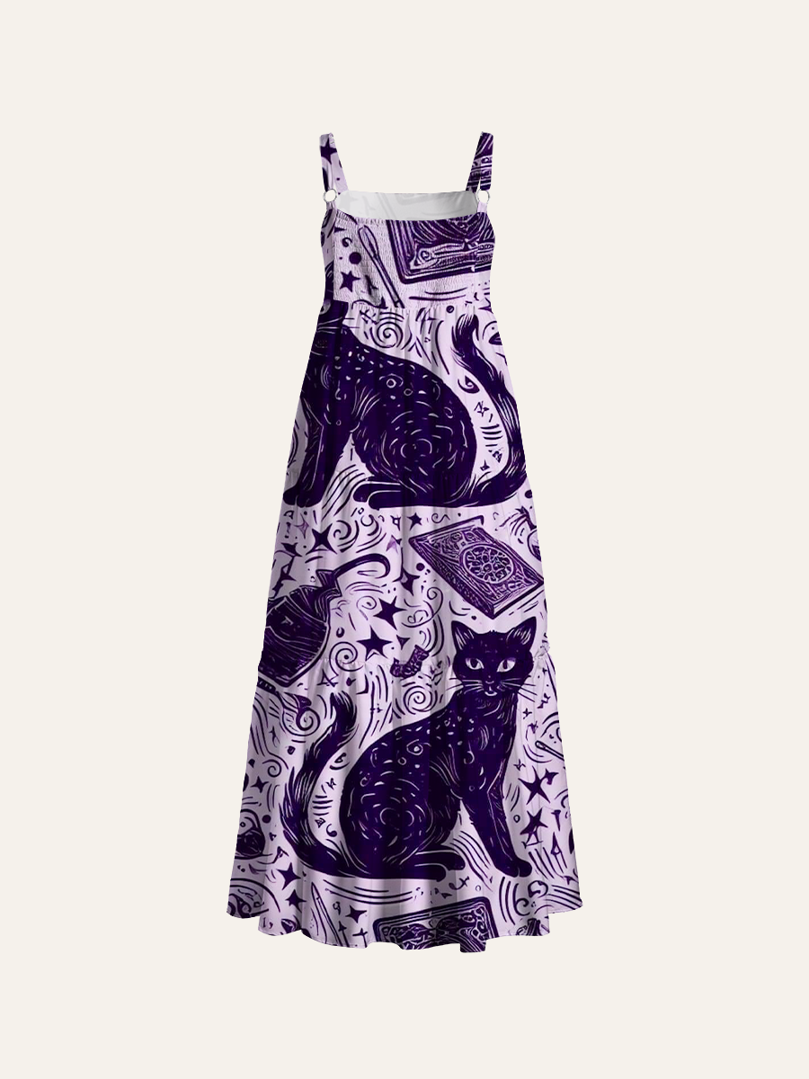 Mystical Black Witch Cat Doodle Adjustable Wide Straps Maxi Dress