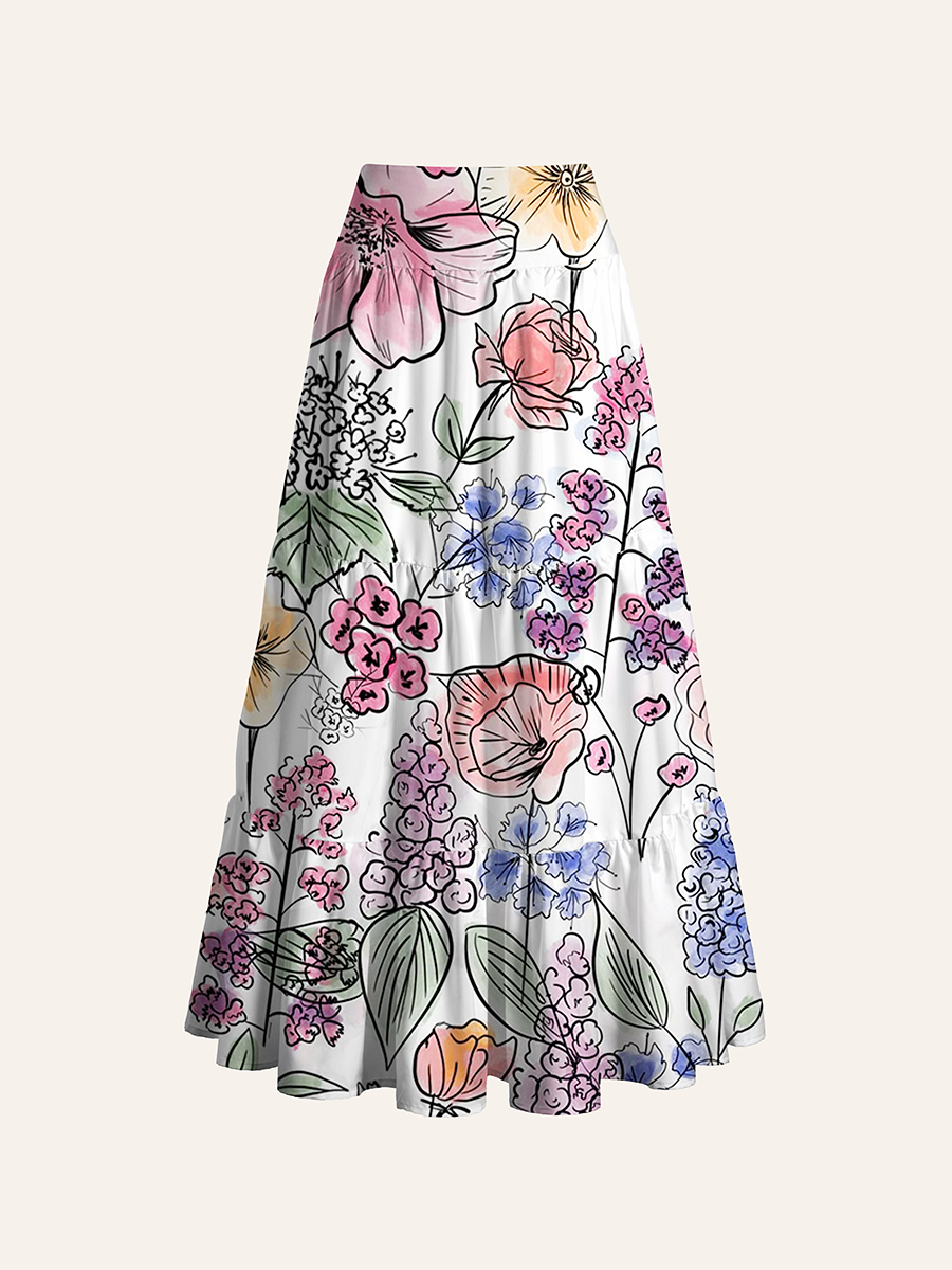 Watercolor And Ink Sketch Floral Convertible Maxi Skirts