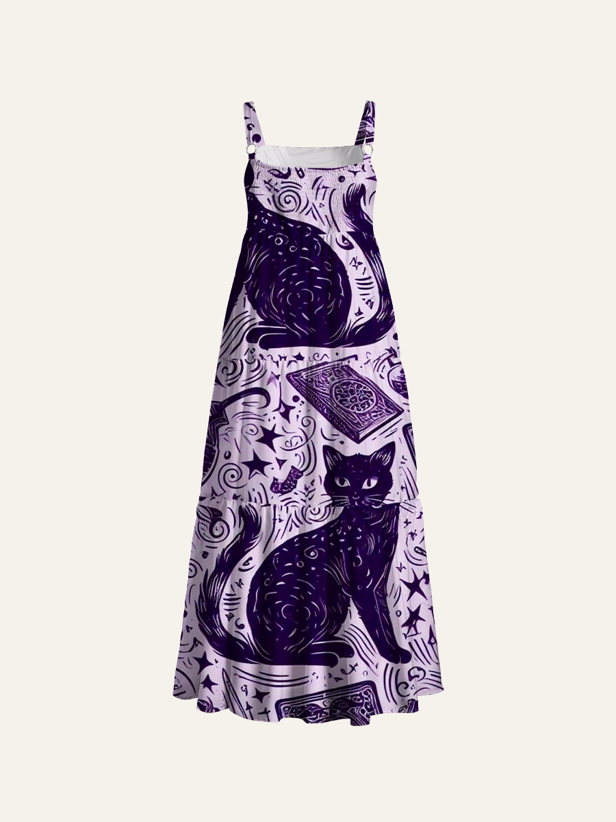 Mystical Black Witch Cat Doodle Adjustable Wide Straps Maxi Dress