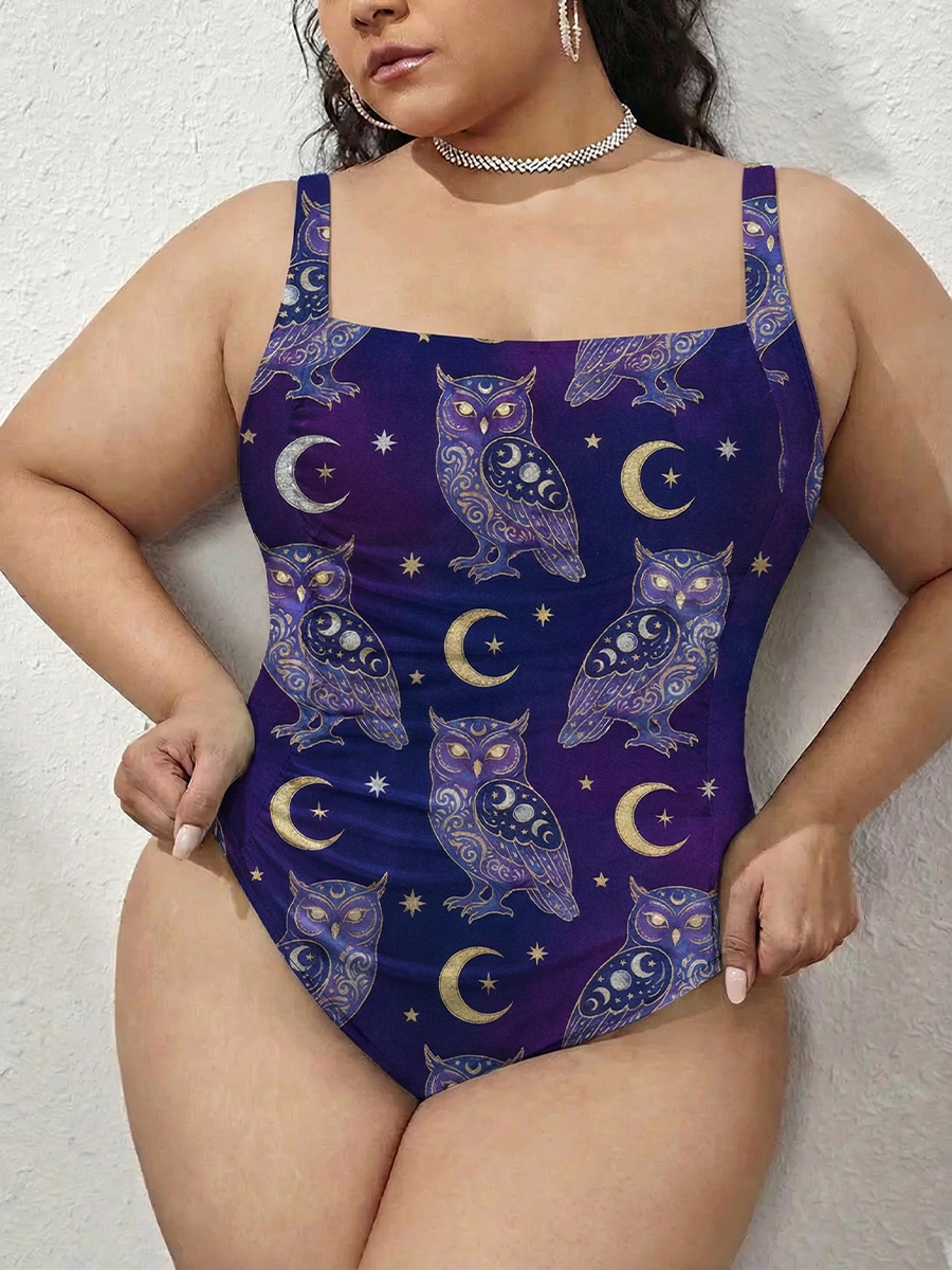 Vintage Mystical Owl With Moon Symbols Gathered Swimsuit