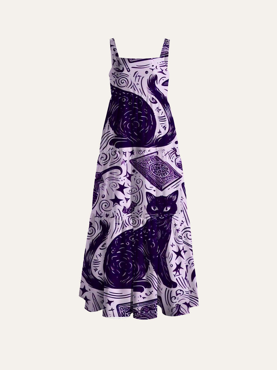 Mystical Black Witch Cat Doodle Adjustable Wide Straps Maxi Dress