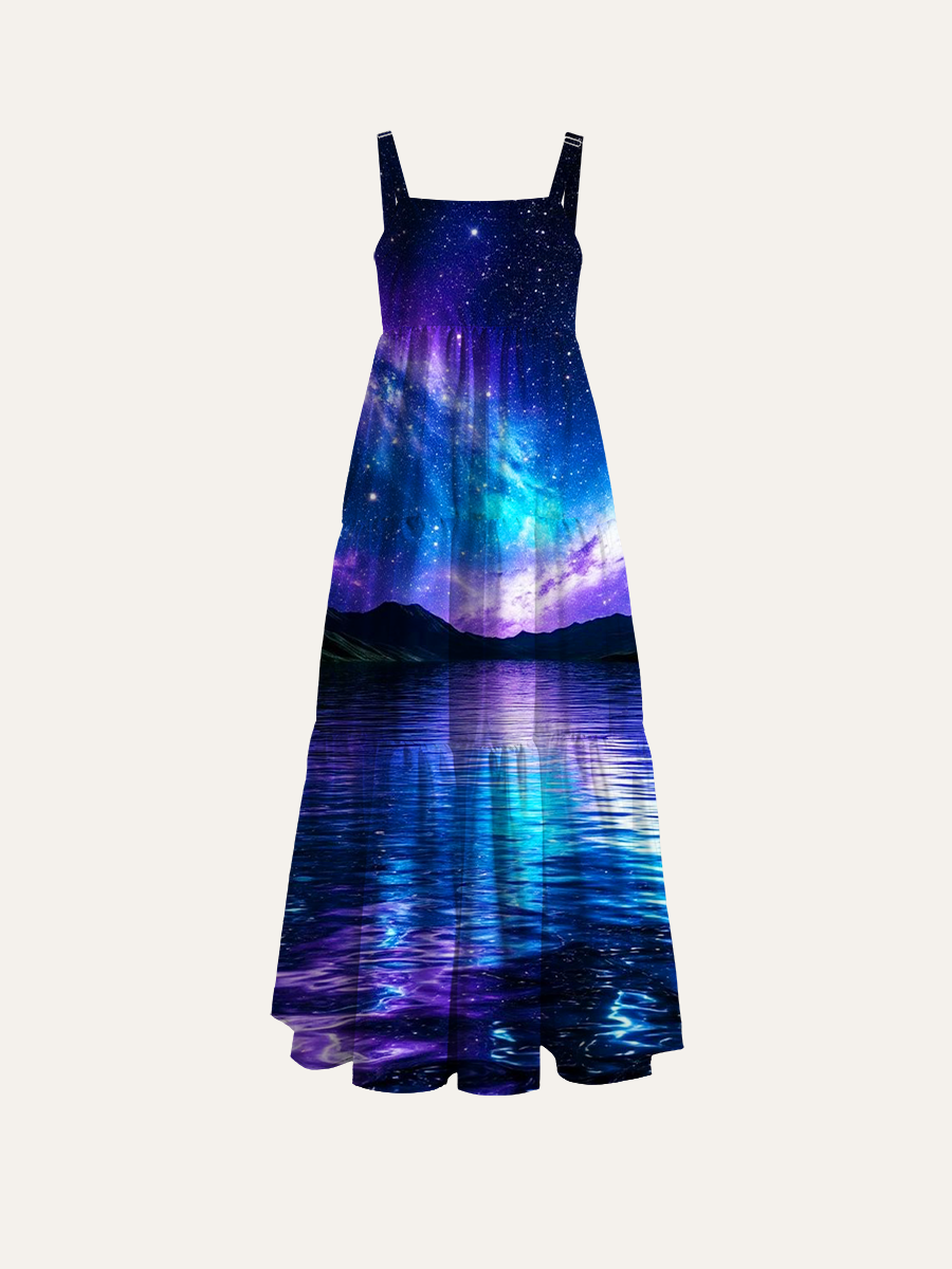 Splendid Galaxy Reflection Over Silent Night Lake Adjustable Wide Straps Maxi Dress