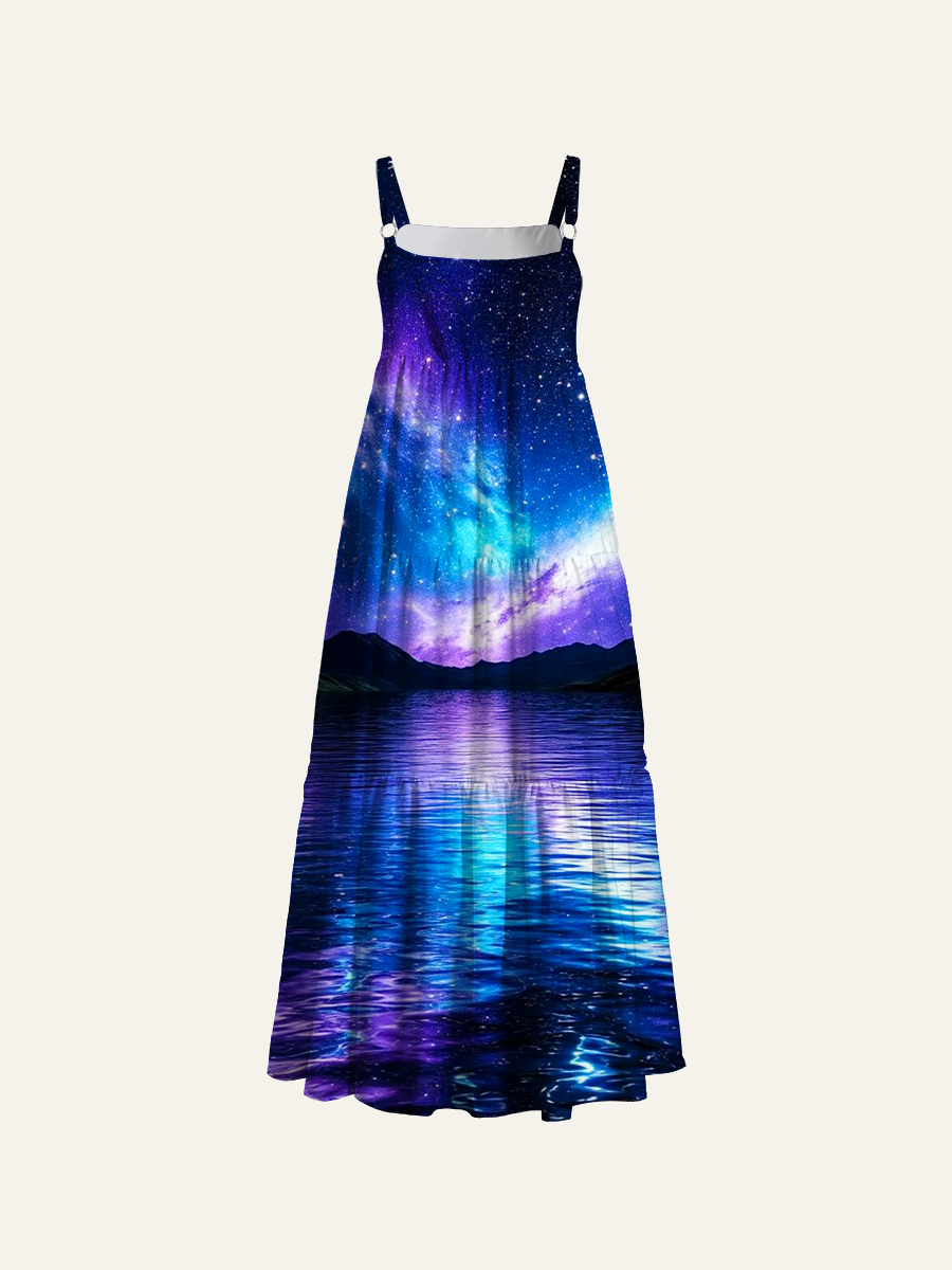 Splendid Galaxy Reflection Over Silent Night Lake Adjustable Wide Straps Maxi Dress