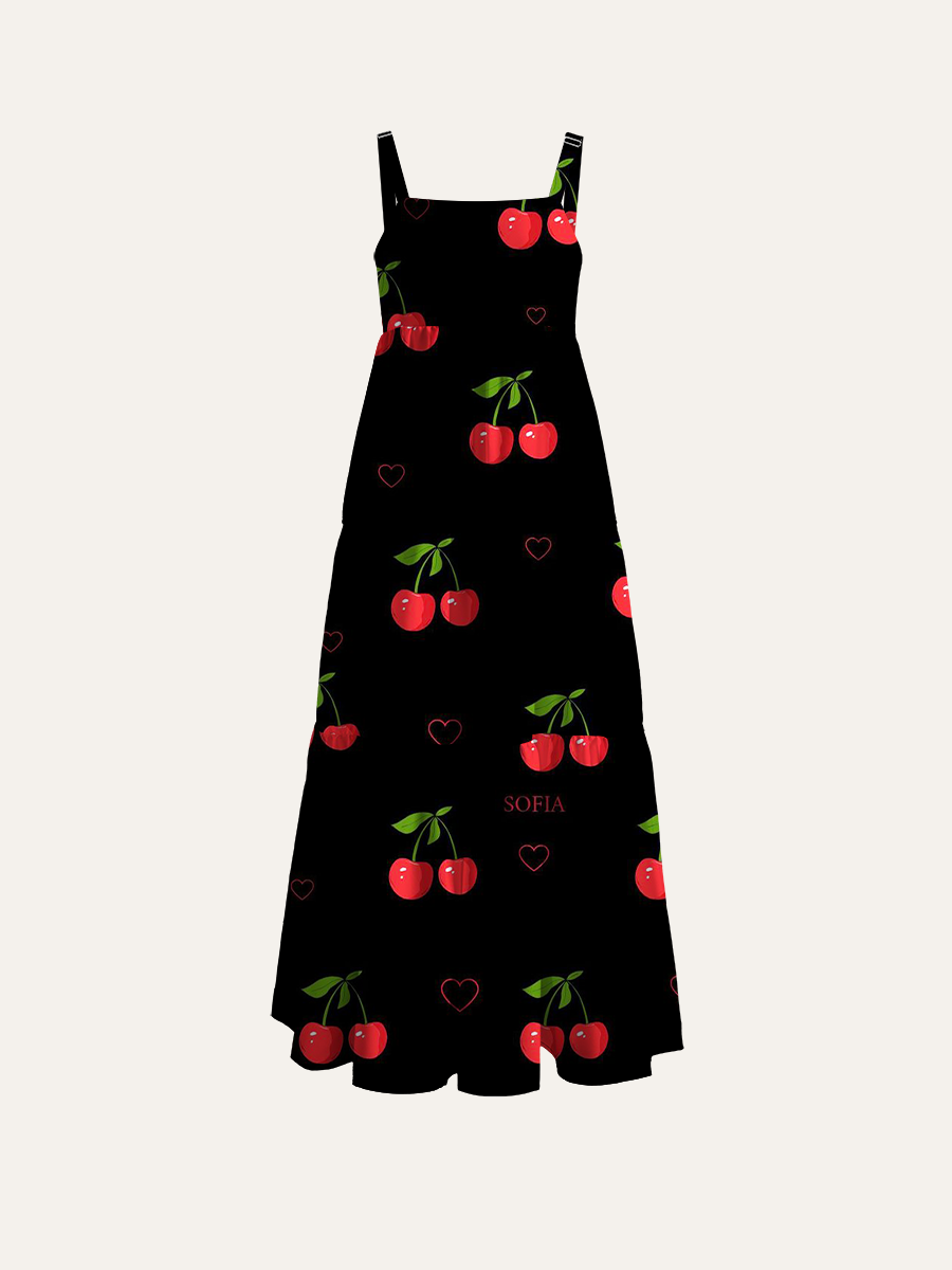 Y2K Aesthetic Sweet Cherry & Heart Adjustable Wide Straps Maxi Dress