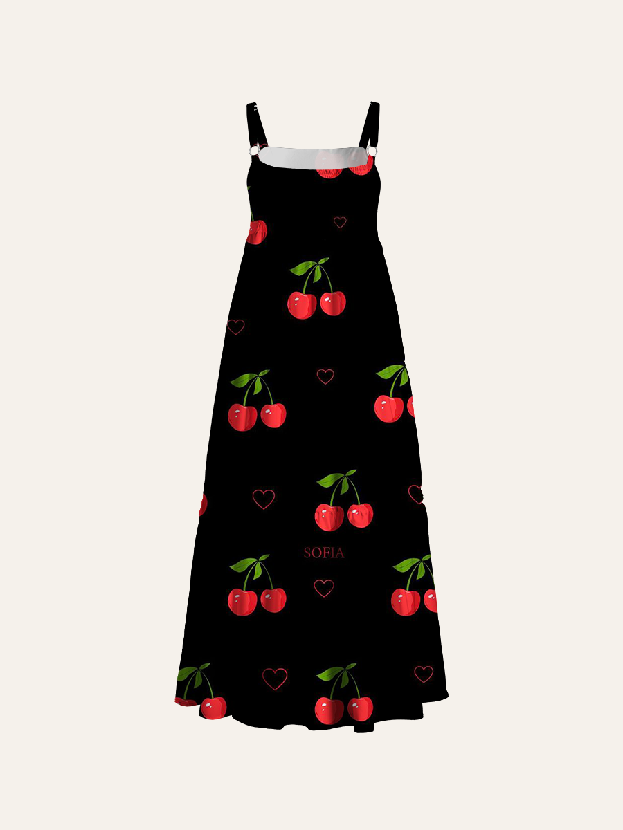Y2K Aesthetic Sweet Cherry & Heart Adjustable Wide Straps Maxi Dress