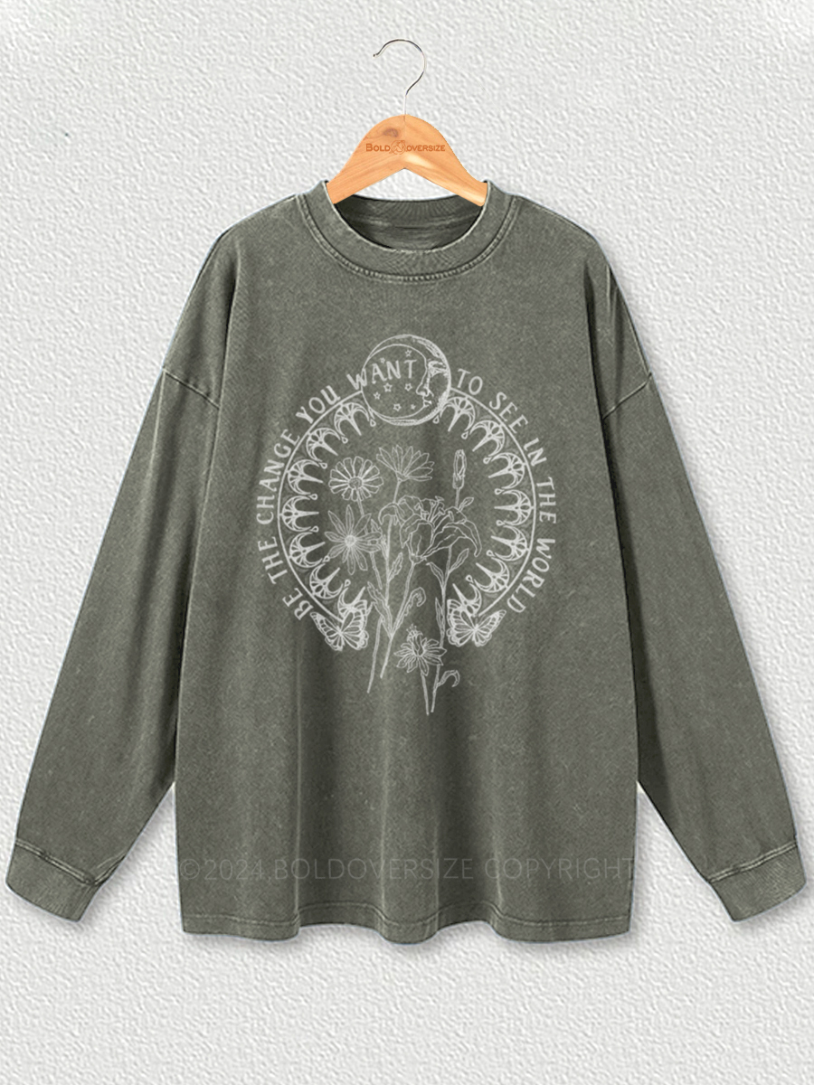 Vintage Be The Change Floral And Moon Washed Long Sleeve Shirt