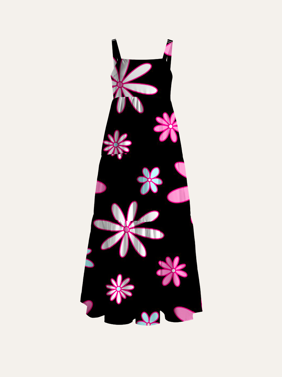 Neon Y2K Groovy Floral Adjustable Wide Straps Maxi Dress
