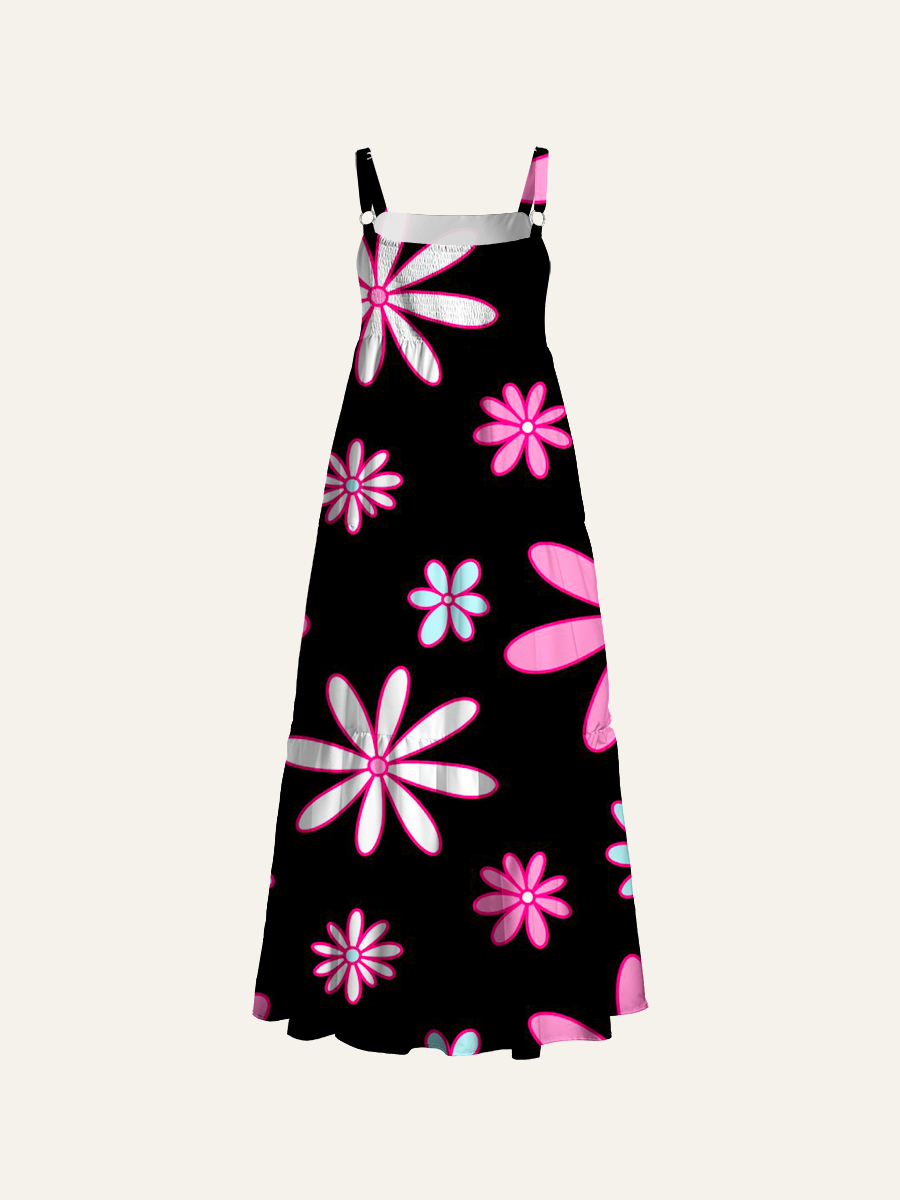 Neon Y2K Groovy Floral Adjustable Wide Straps Maxi Dress