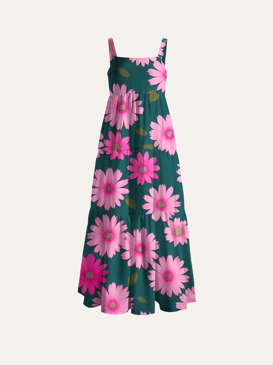 Sweet Pink Daisy Grid On Dark Sage Green Adjustable Wide Straps Maxi Dress