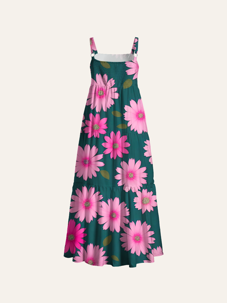 Sweet Pink Daisy Grid On Dark Sage Green Adjustable Wide Straps Maxi Dress