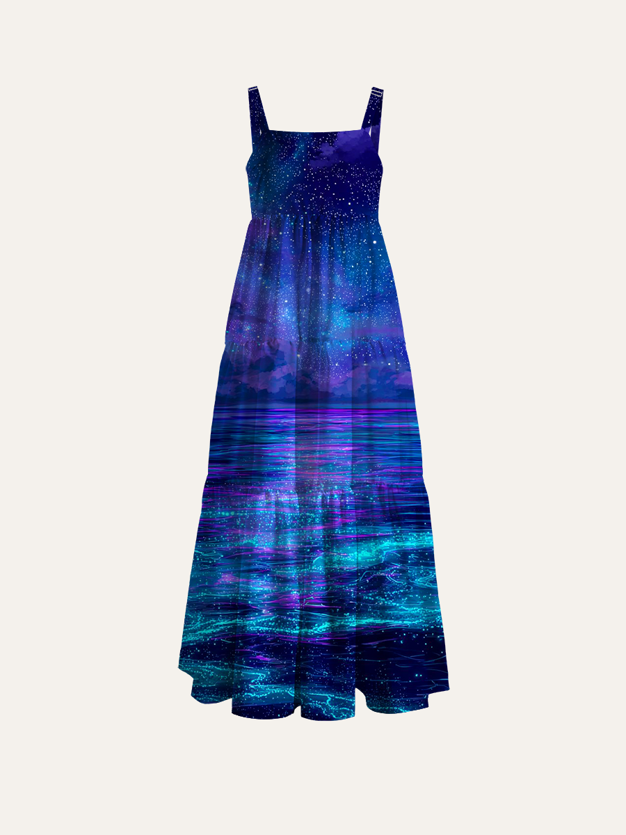 Bioluminescent Ocean & Cosmic Galaxy Starry Night Adjustable Wide Straps Maxi Dress