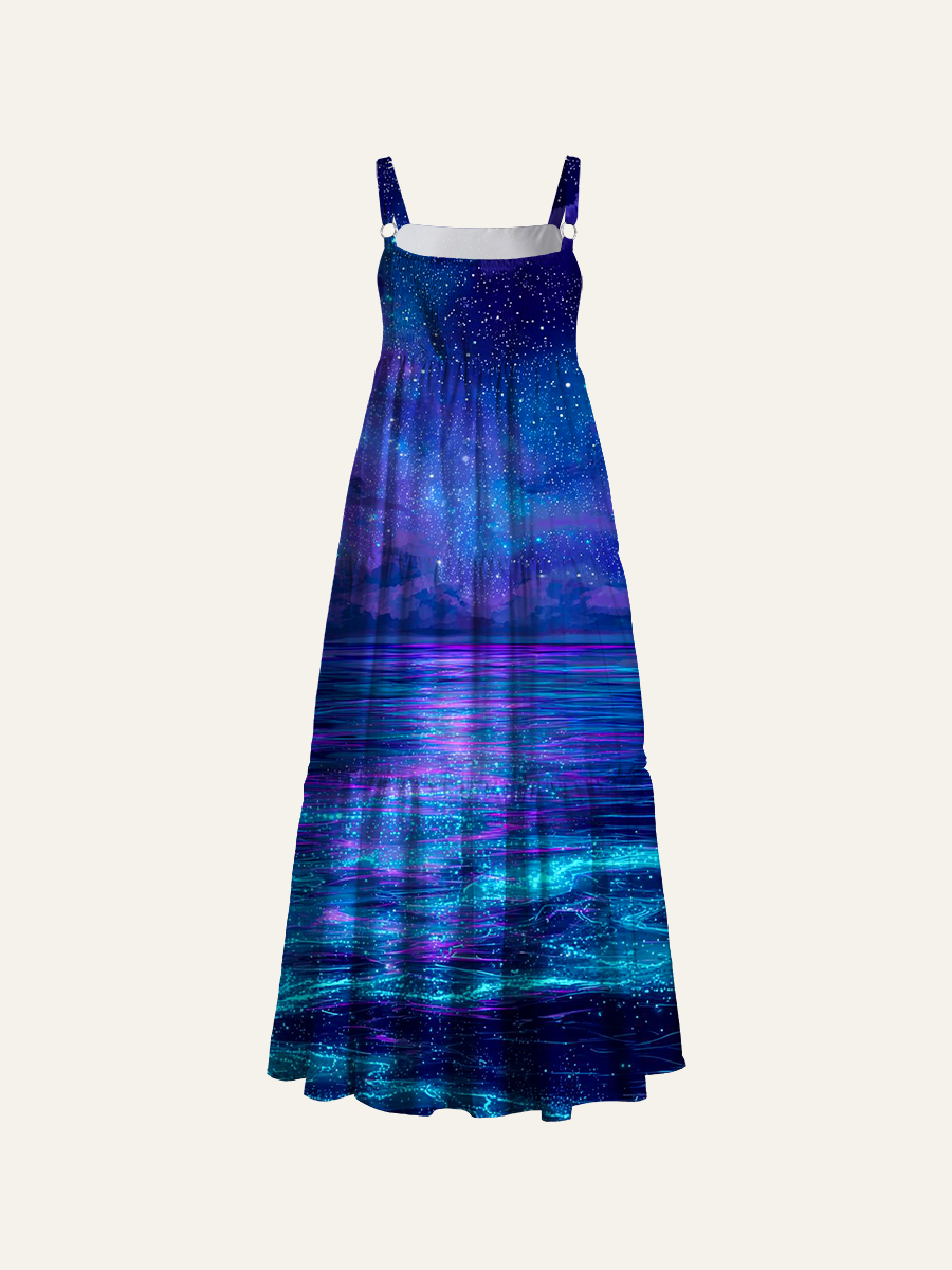 Bioluminescent Ocean & Cosmic Galaxy Starry Night Adjustable Wide Straps Maxi Dress