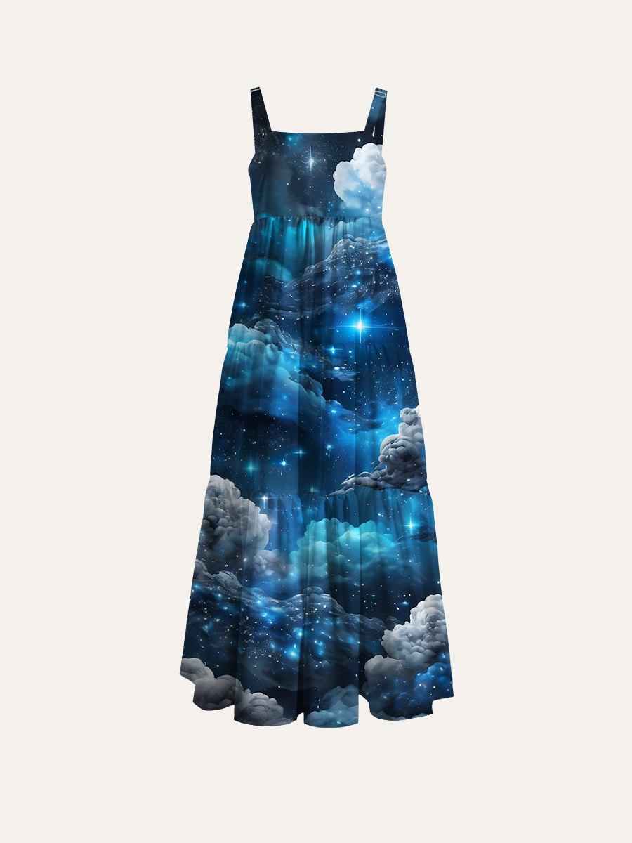 Dreamy Anime Cumulus Clouds & Sparkling Constellations Adjustable Wide Straps Maxi Dress