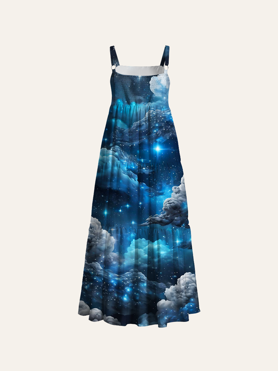 Dreamy Anime Cumulus Clouds & Sparkling Constellations Adjustable Wide Straps Maxi Dress