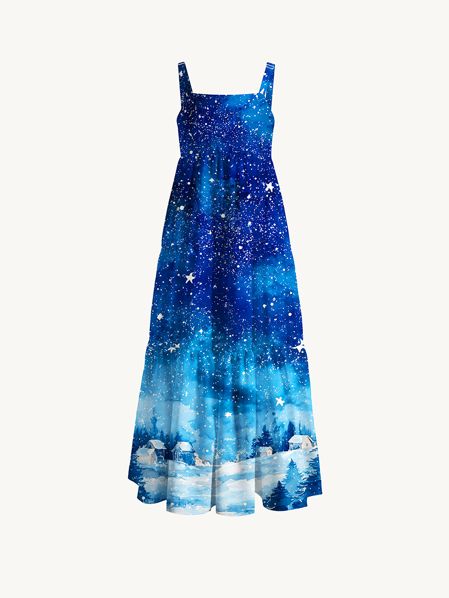 Watercolor Cozy Winter Cabin Under Starry Sky Adjustable Wide Straps Maxi Dress