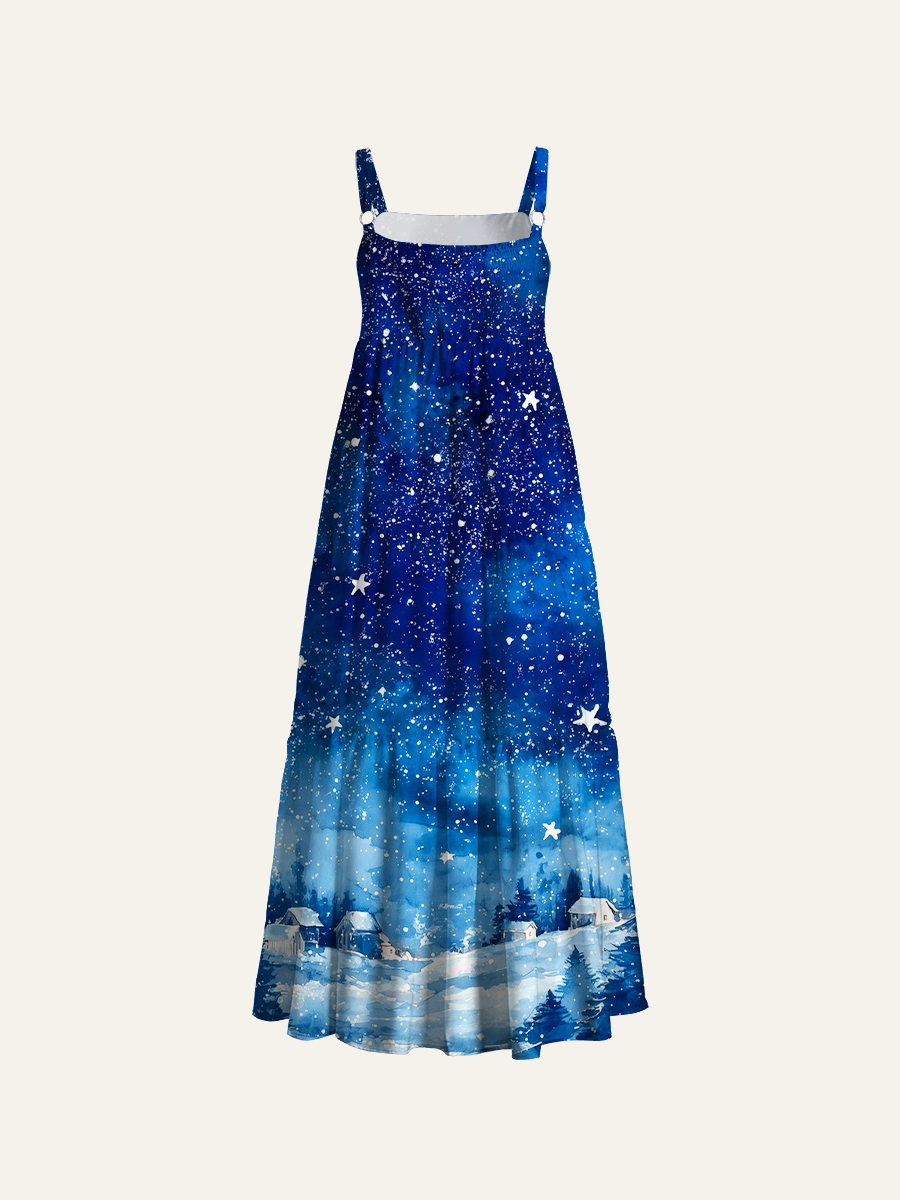Watercolor Cozy Winter Cabin Under Starry Sky Adjustable Wide Straps Maxi Dress