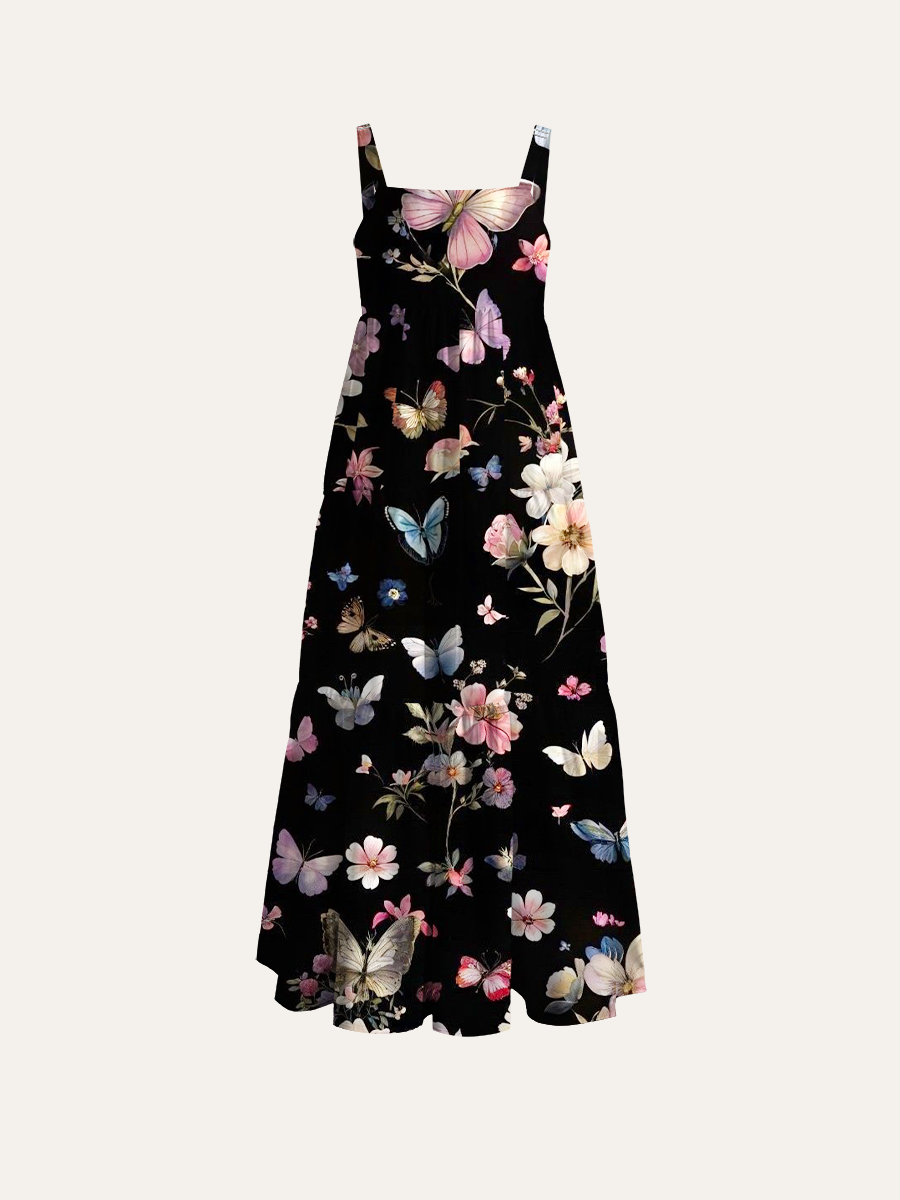 Nocturnal Butterfly Blooms Adjustable Wide Straps Maxi Dress