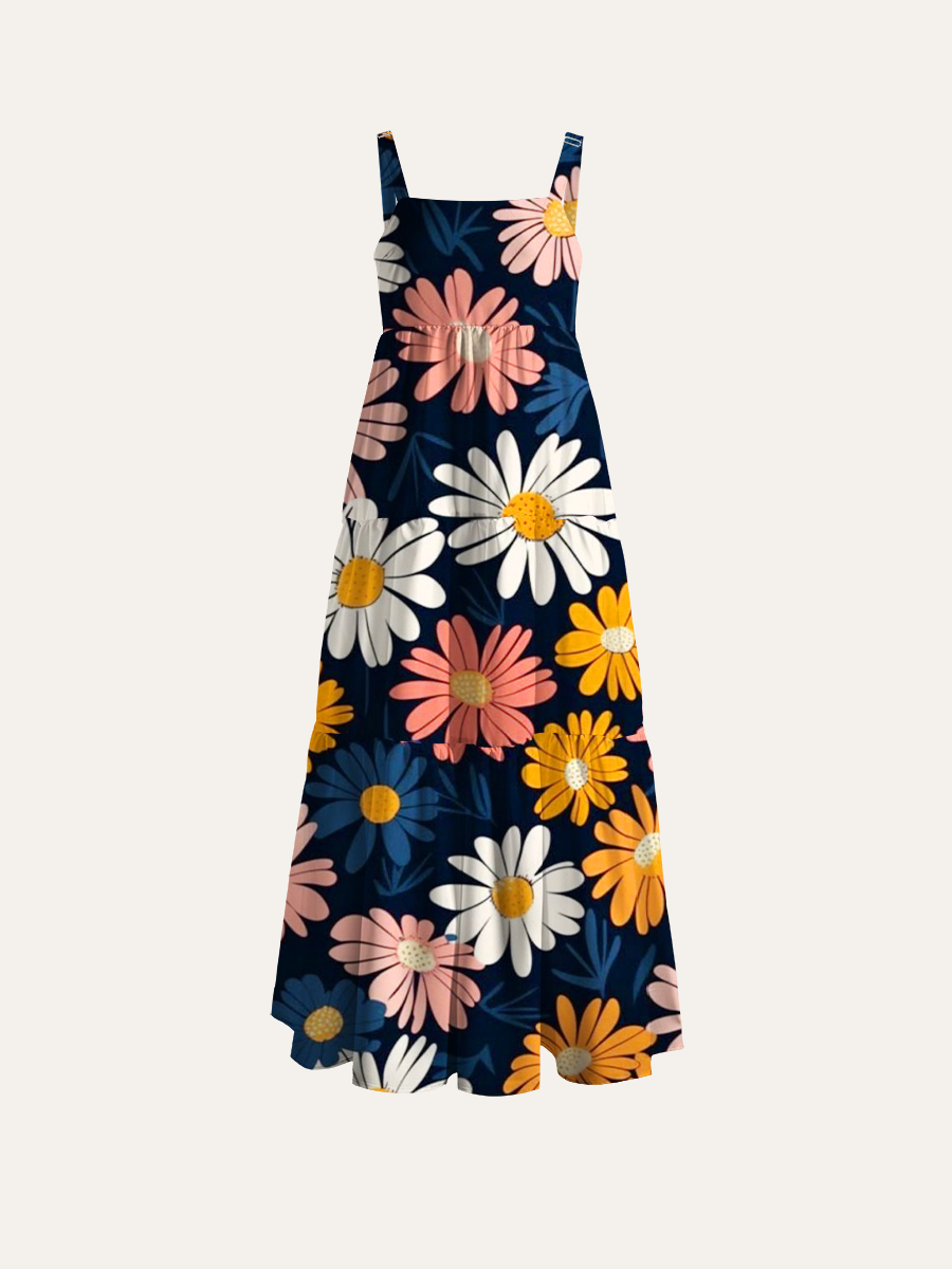 Retro Multi-Colored Daisy Pattern On Navy Adjustable Wide Straps Maxi Dress