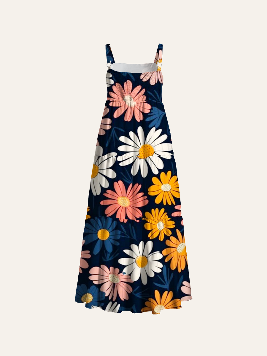 Retro Multi-Colored Daisy Pattern On Navy Adjustable Wide Straps Maxi Dress