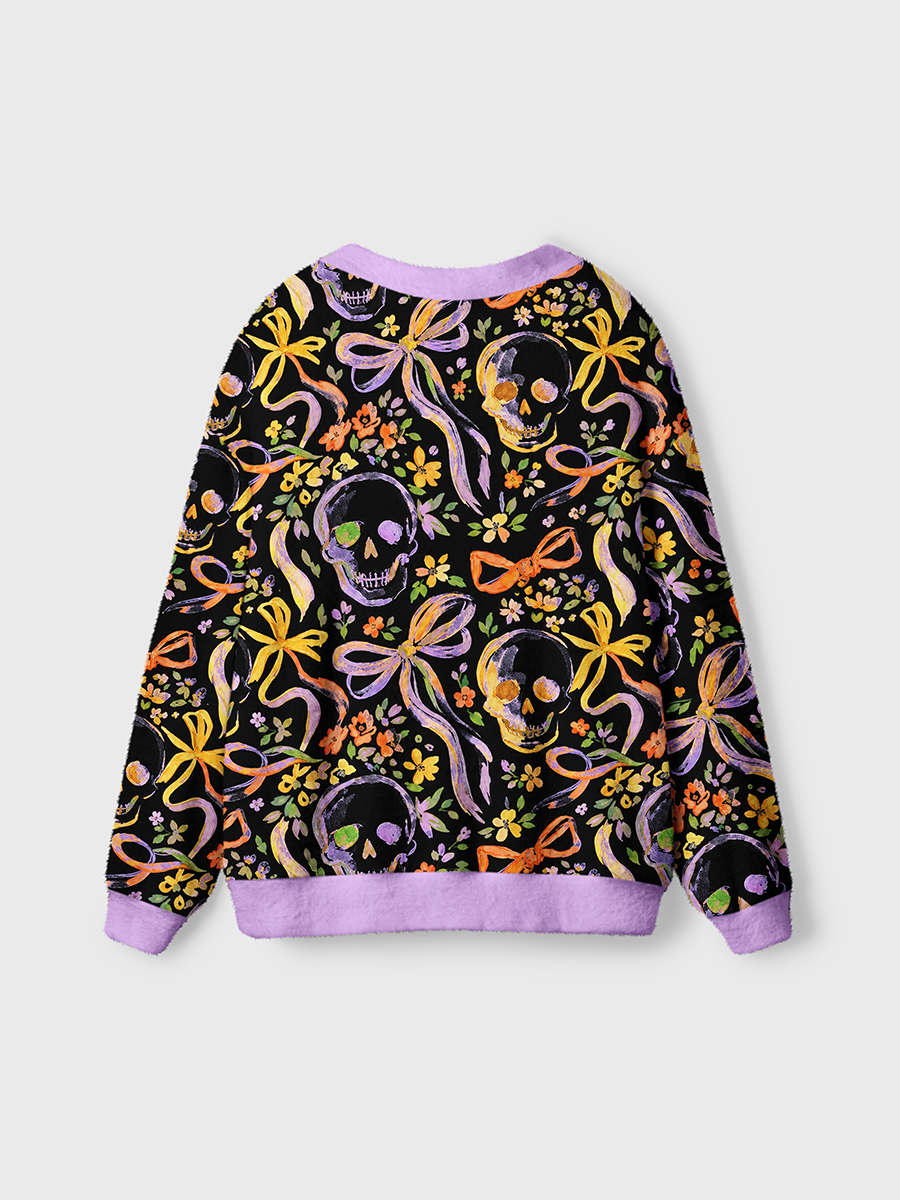 Vintage Watercolor Bow Skull Wildflower Cardigan Sweaters