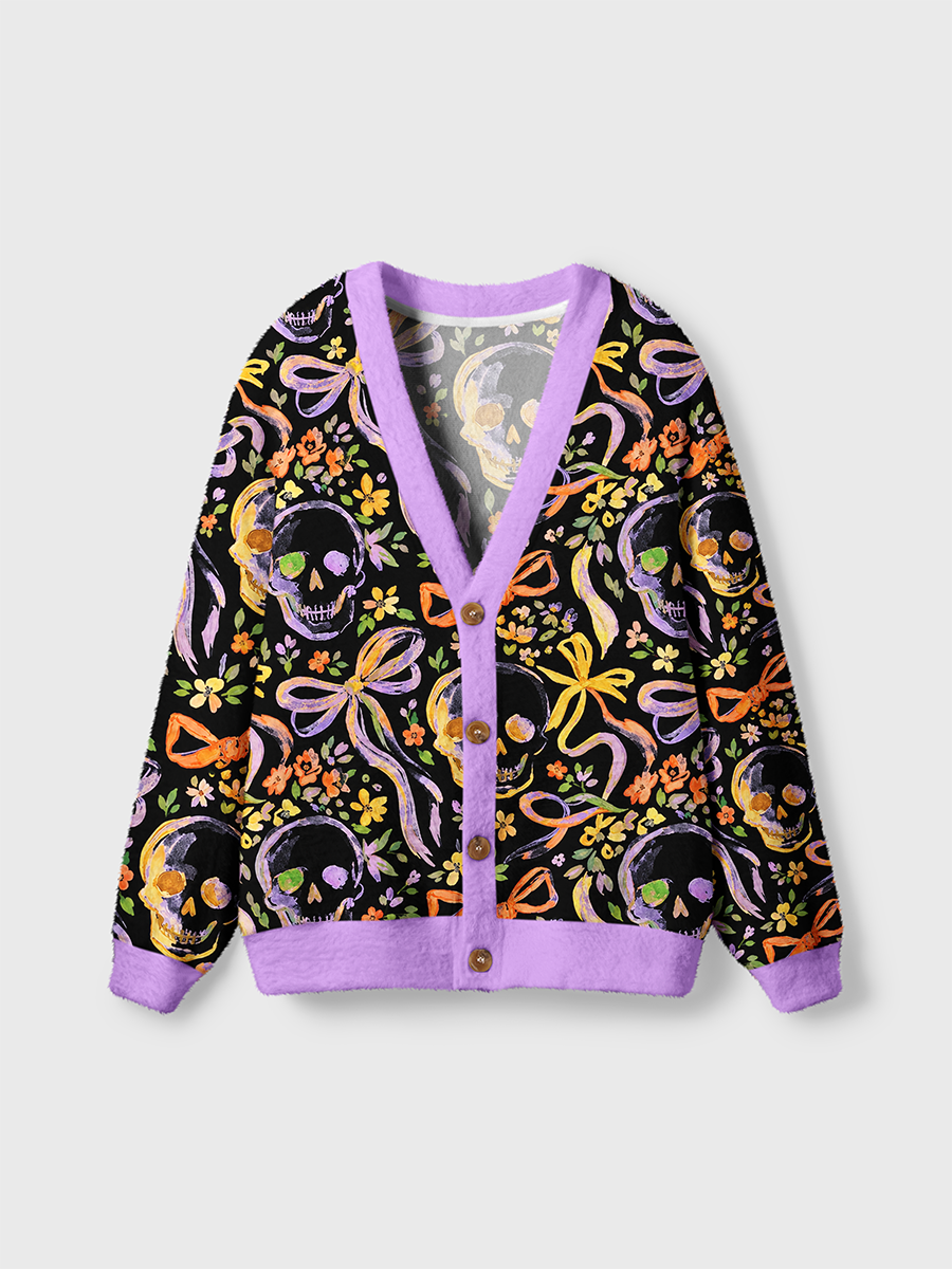 Vintage Watercolor Bow Skull Wildflower Cardigan Sweaters