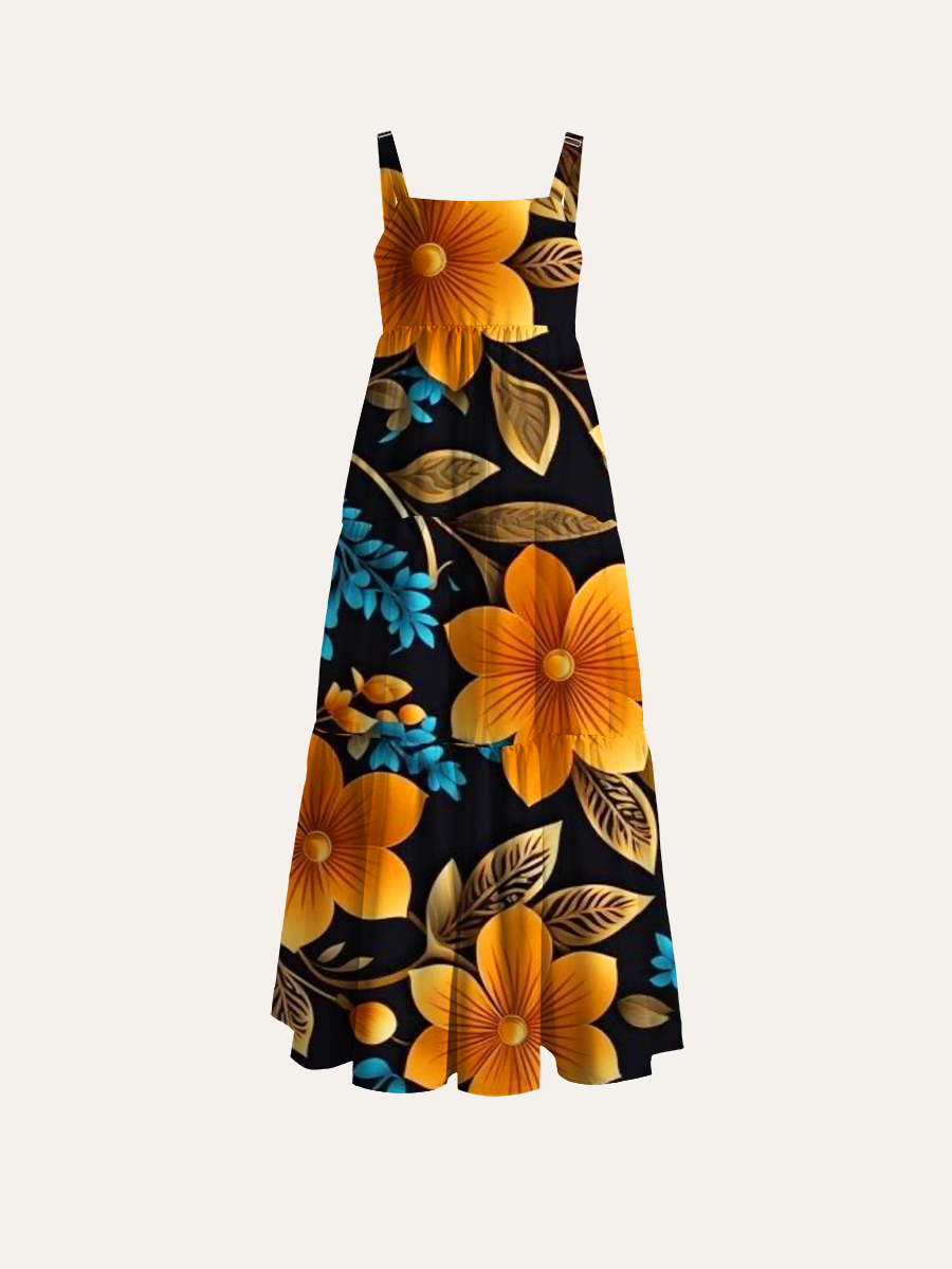 Retro Damask Orange Floral Pattern Adjustable Wide Straps Maxi Dress