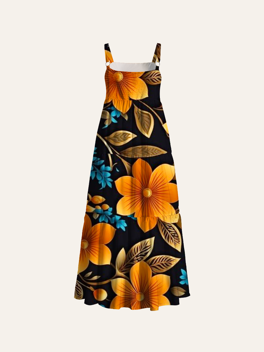 Retro Damask Orange Floral Pattern Adjustable Wide Straps Maxi Dress