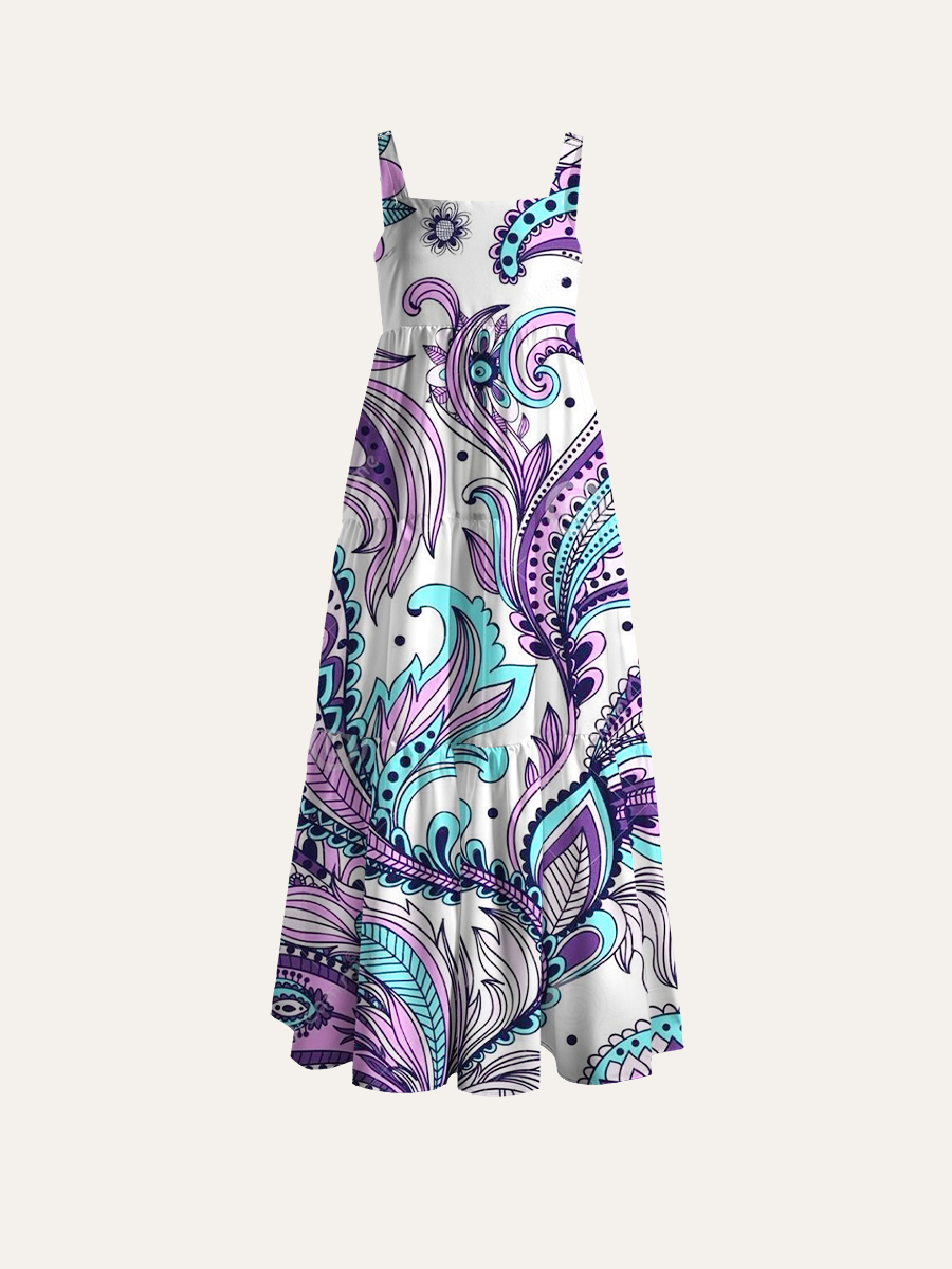 Retro Floral Paisley Pattern Adjustable Wide Straps Maxi Dress
