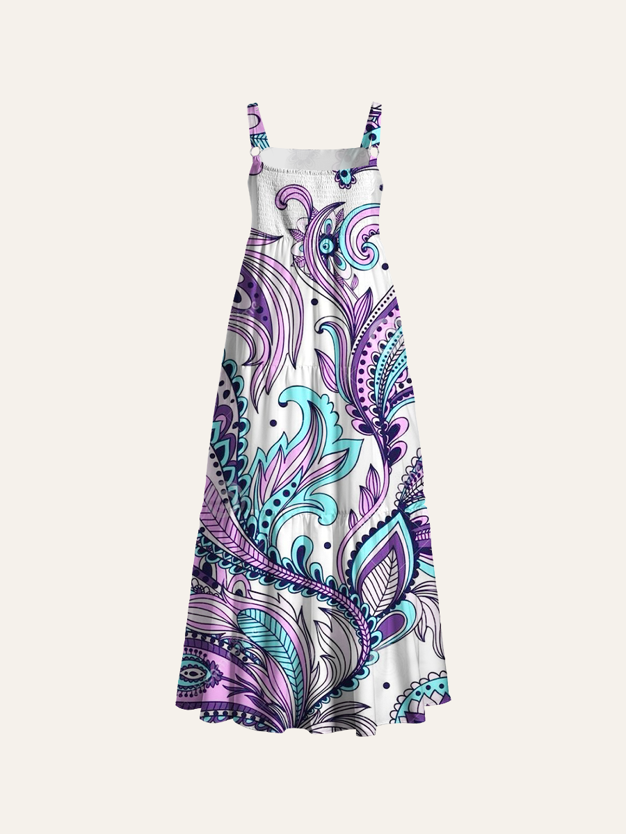 Retro Floral Paisley Pattern Adjustable Wide Straps Maxi Dress