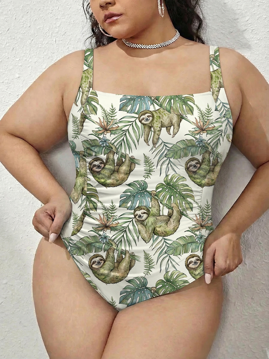 Vintage Sloth Hanging From Tropical Leaf Gathered Swimsuit