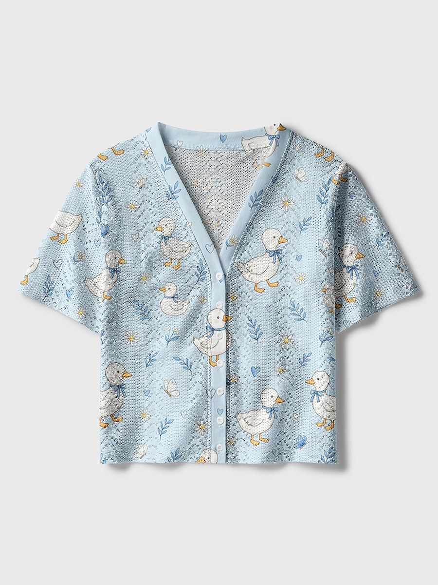 Bow White Duck Daisy Kid Crochet Button Down Cardigan