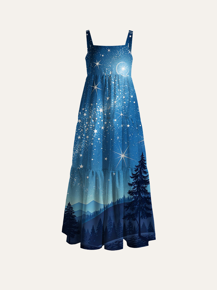 Starry Night Over Pine Forest Silhouette Adjustable Wide Straps Maxi Dress