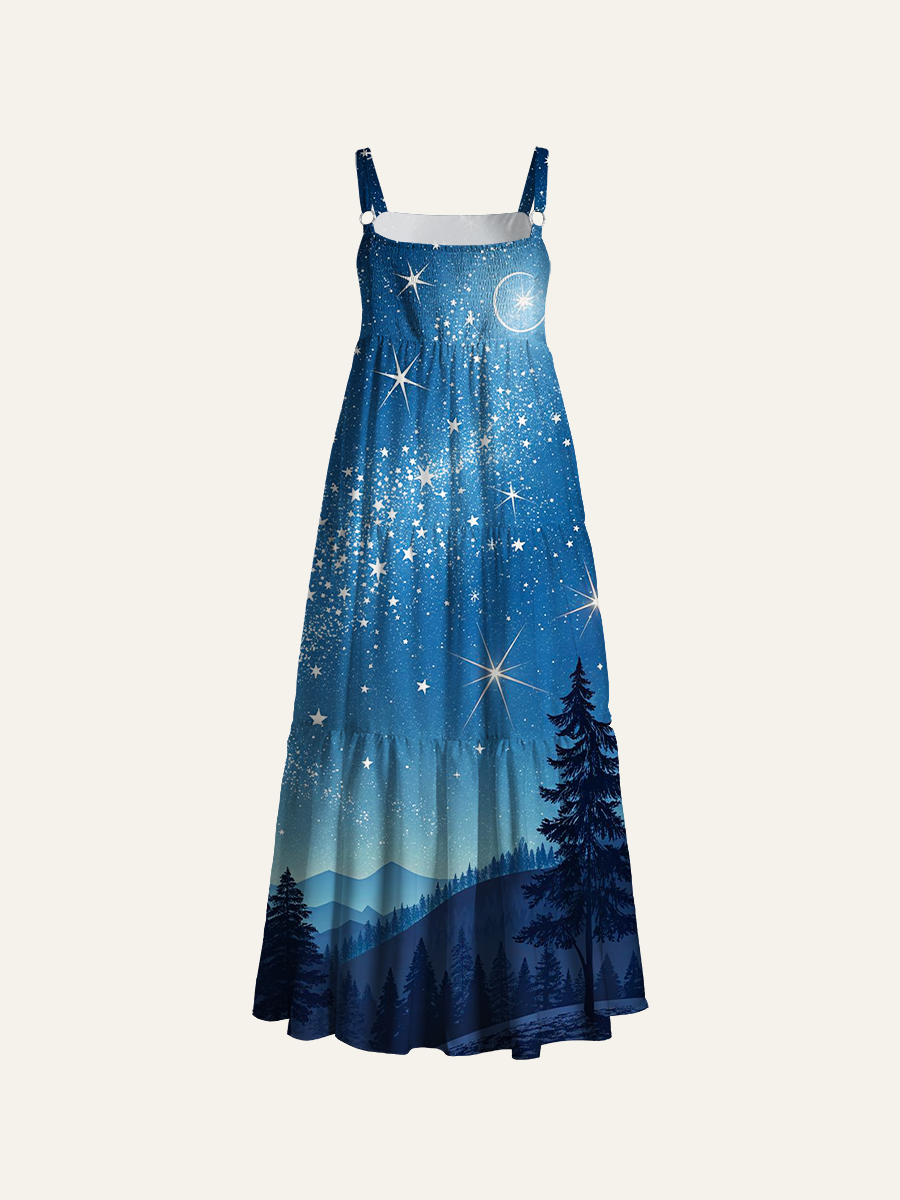 Starry Night Over Pine Forest Silhouette Adjustable Wide Straps Maxi Dress