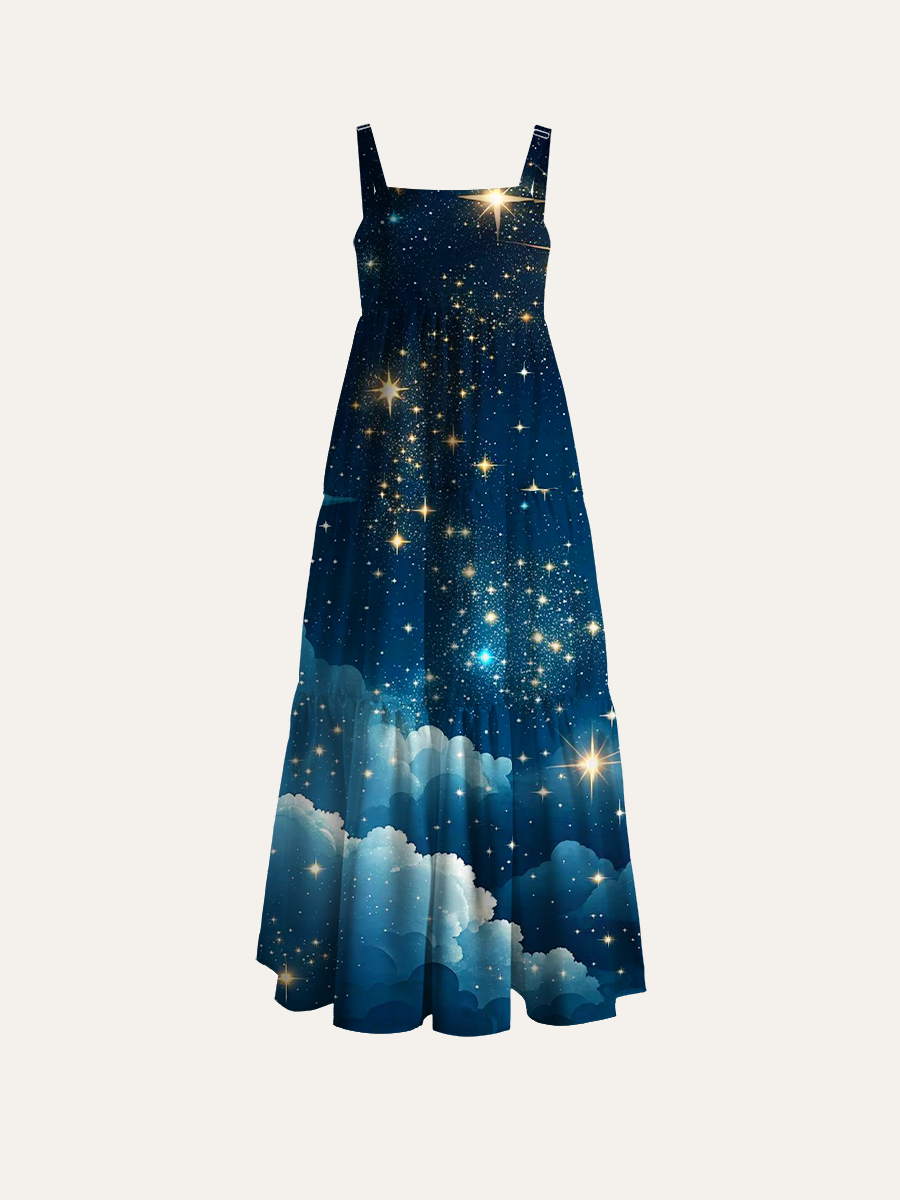 Cosmic Nebula & Sparkling Starry Night Adjustable Wide Straps Maxi Dress