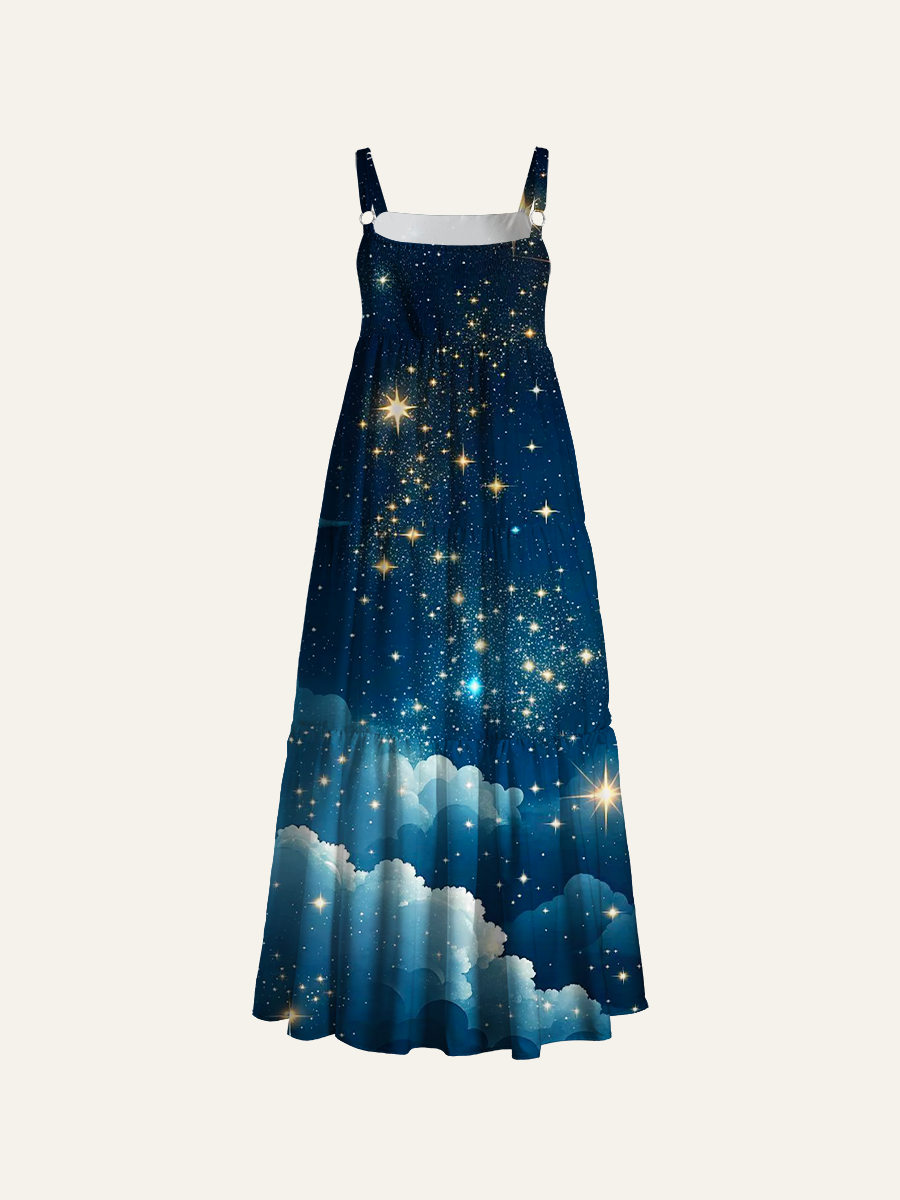 Cosmic Nebula & Sparkling Starry Night Adjustable Wide Straps Maxi Dress