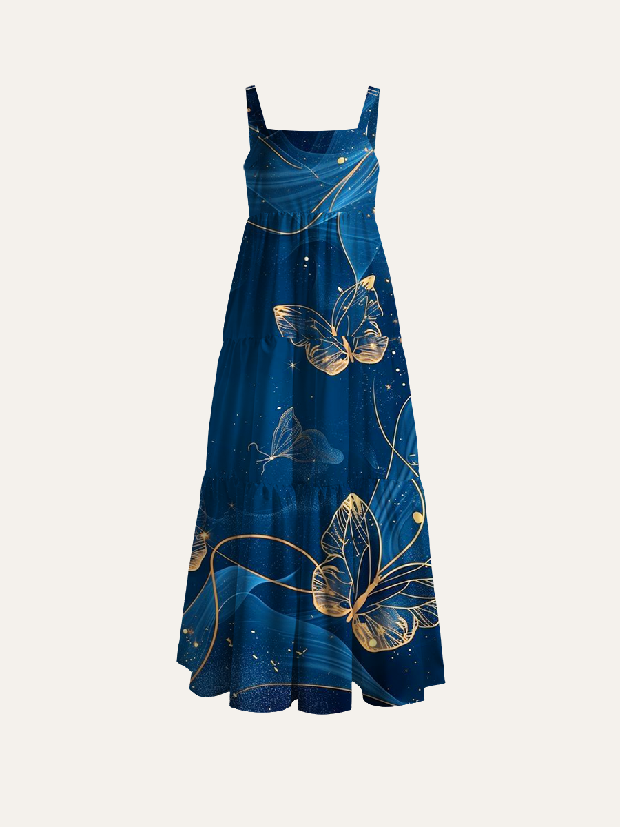 Golden Line Art Butterflies On Navy Blue Adjustable Wide Straps Maxi Dress