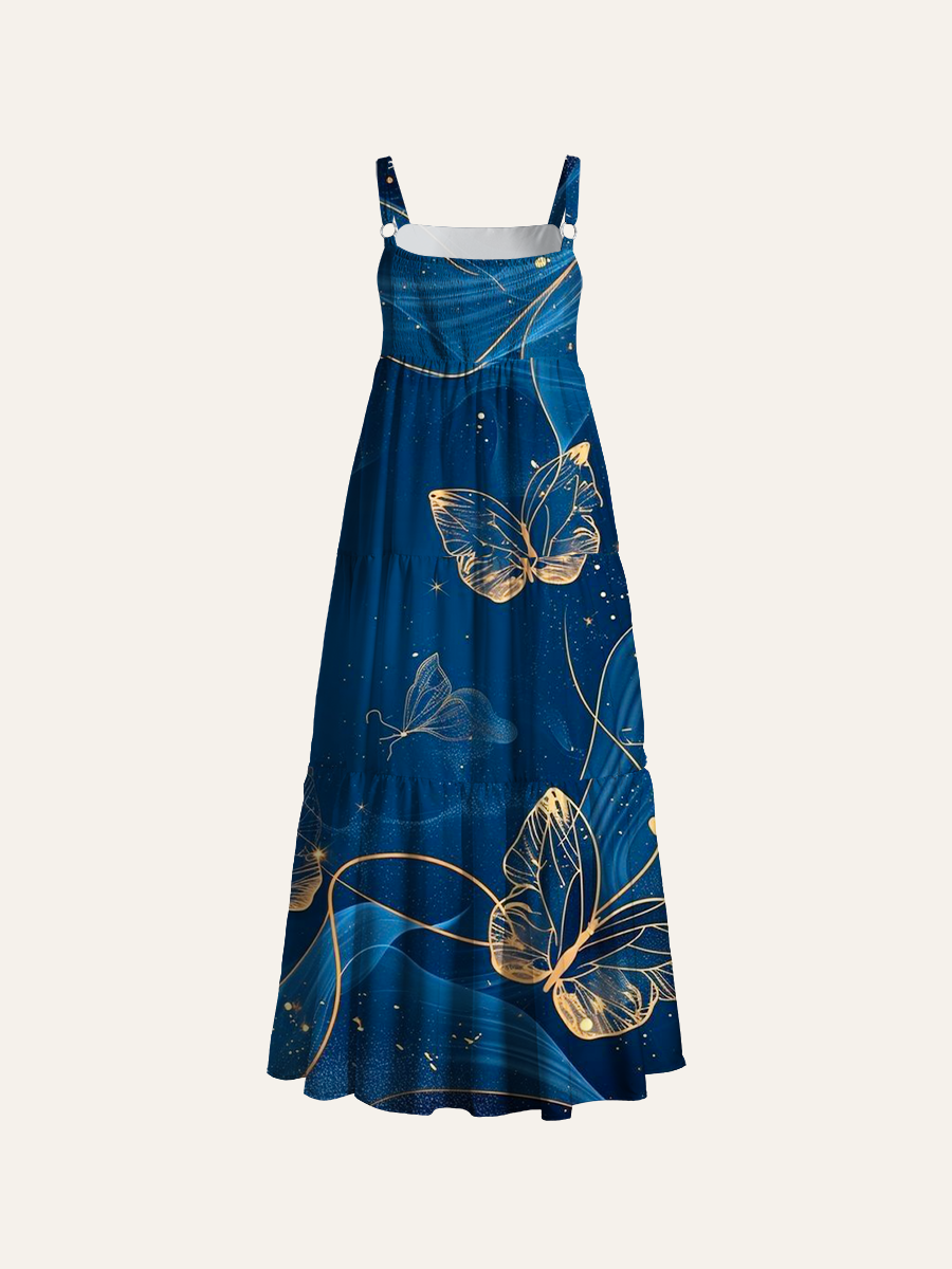 Golden Line Art Butterflies On Navy Blue Adjustable Wide Straps Maxi Dress