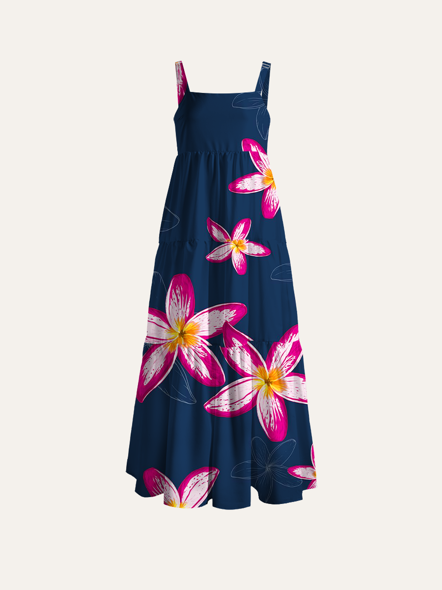 Vibrant Tropical Fuchsia Plumeria Adjustable Wide Straps Maxi Dress