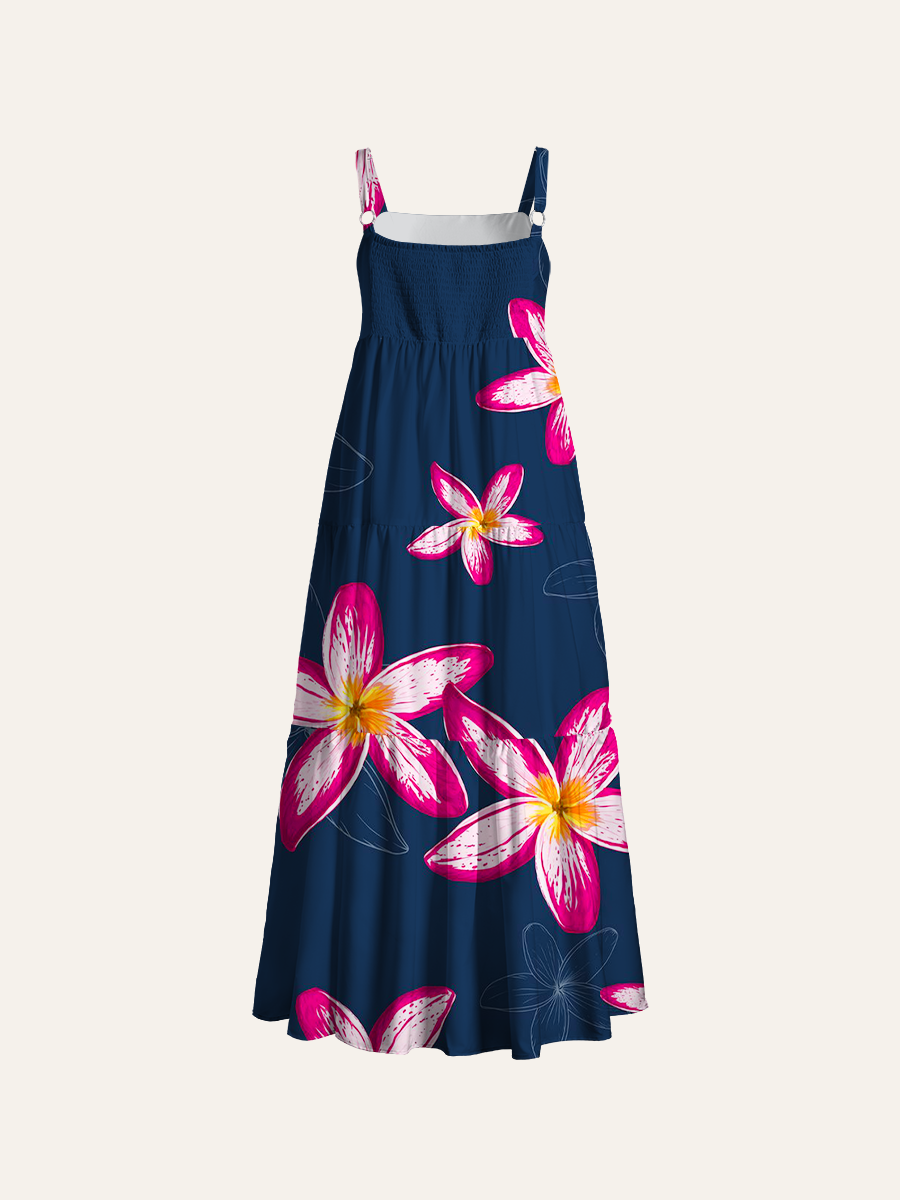 Vibrant Tropical Fuchsia Plumeria Adjustable Wide Straps Maxi Dress