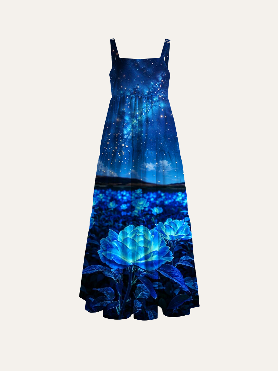 Luminous Blue Rose Field Under Galaxy Adjustable Wide Straps Maxi Dress