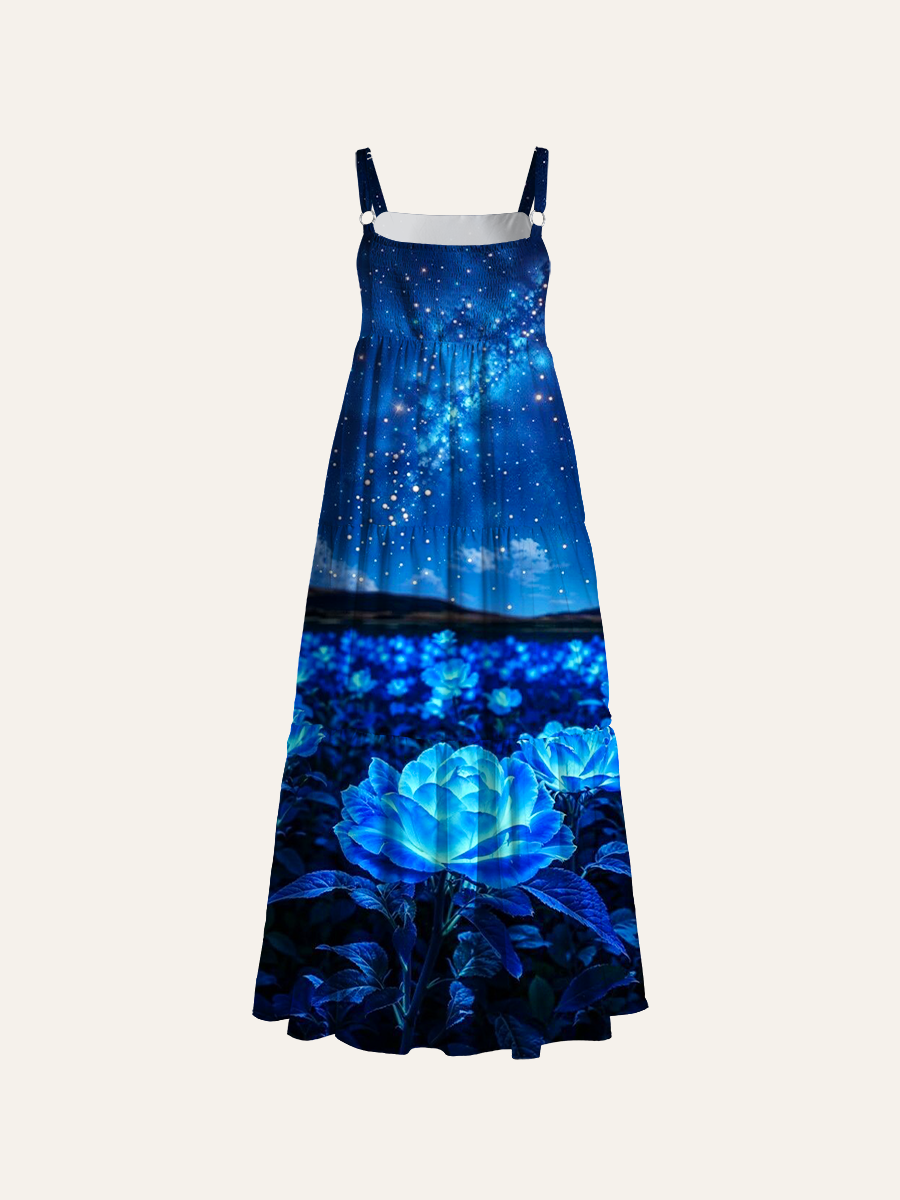 Luminous Blue Rose Field Under Galaxy Adjustable Wide Straps Maxi Dress