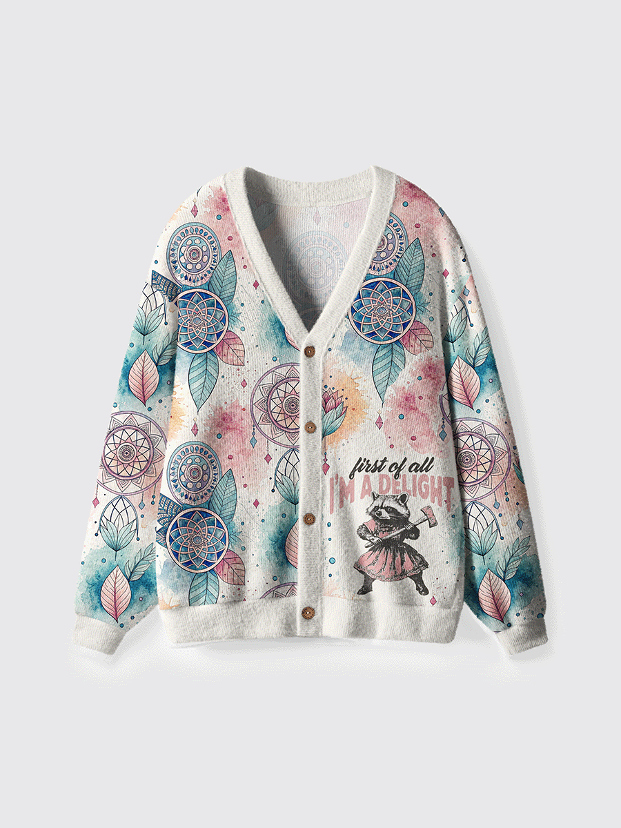 Vintage Funny Raccoon First Of All I'M A Delight Cardigan Sweaters