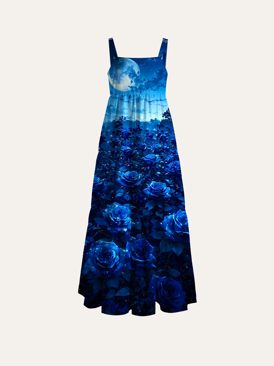 Midnight Blue Rose Garden Under Full Moon Adjustable Wide Straps Maxi Dress