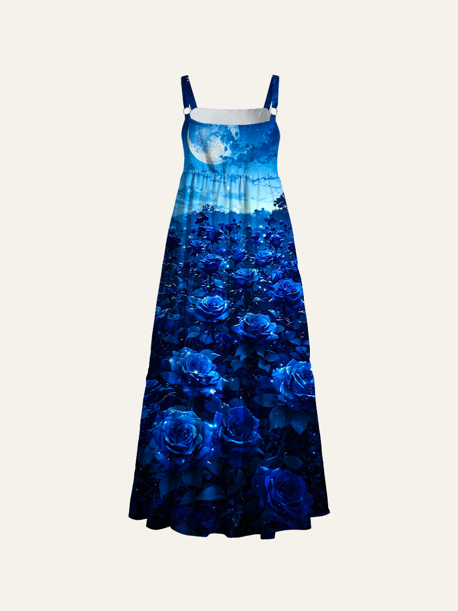 Midnight Blue Rose Garden Under Full Moon Adjustable Wide Straps Maxi Dress