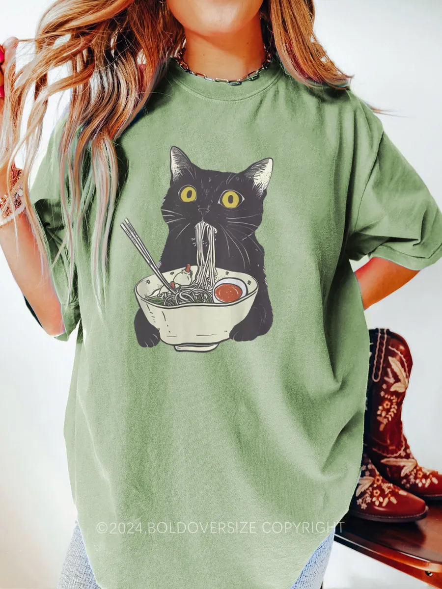 Vintage Funny Cat Eating Noodles Tee