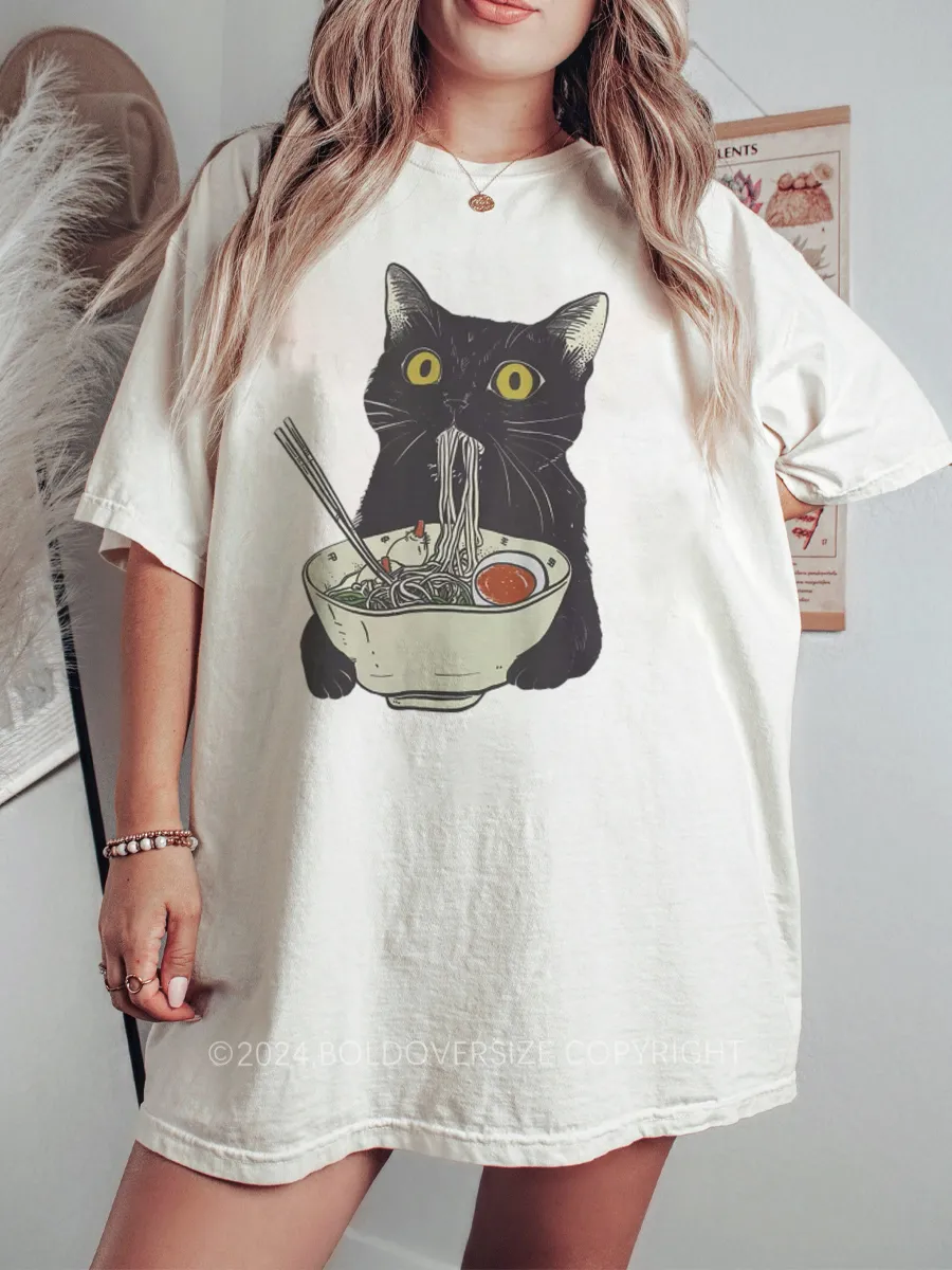 Vintage Funny Cat Eating Noodles Tee