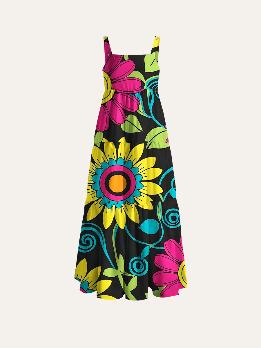 Retro 70S Psychedelic Sunflower Adjustable Wide Straps Maxi Dress